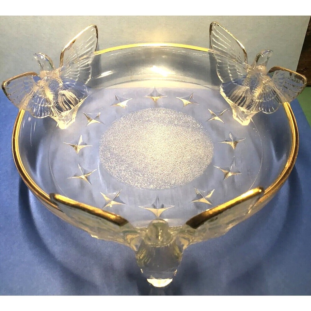 Glass Candy Dish Bowl American Eagle 3-Footed Embossed Stars Gold Trim Vintage - Picture 2 of 13